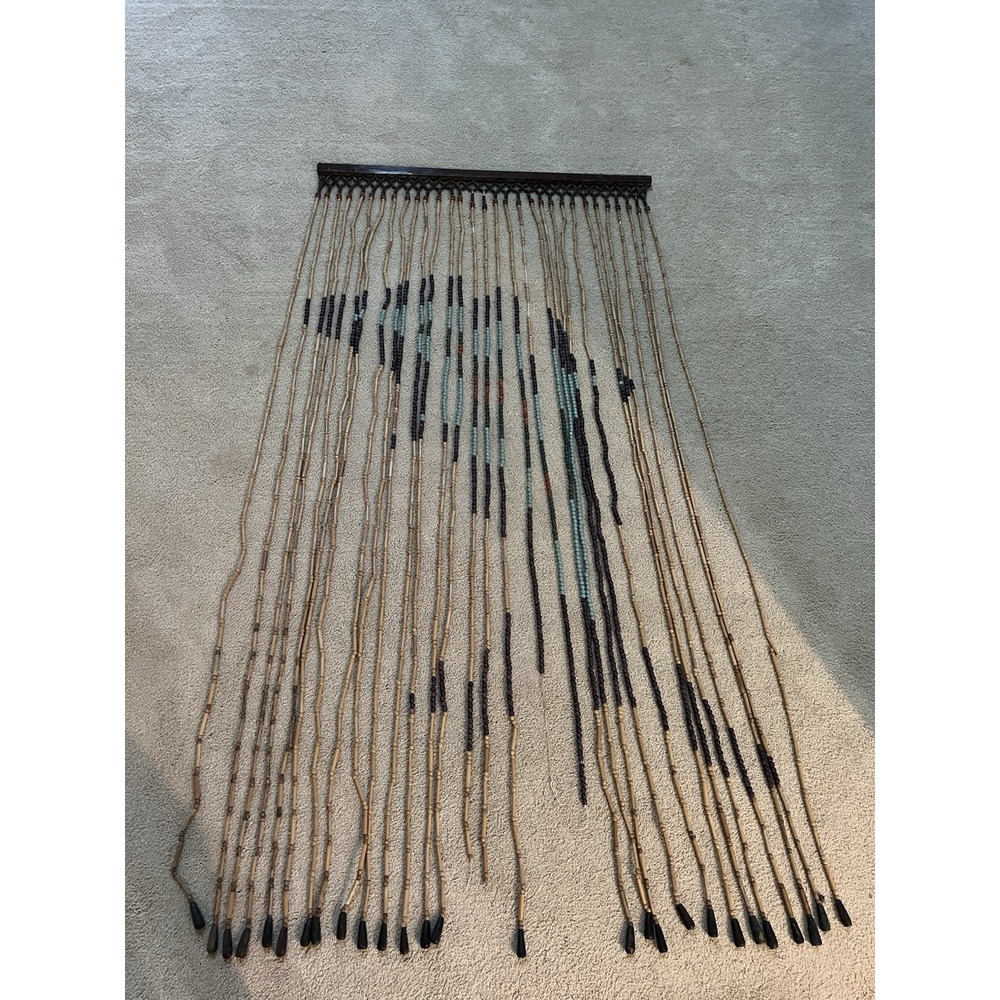 Vintage 1970s Bamboo Beaded Curtain Macrame Turquoise Black Boho 36x72" Dolphin
